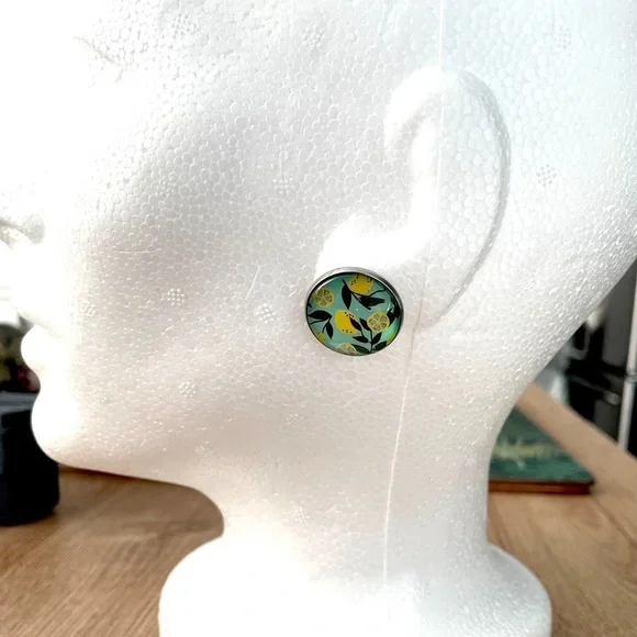 20mm Lemon Print Stainless Steel Stud Earrings, Unworn, Handmade, NWT - Picture 3 of 5